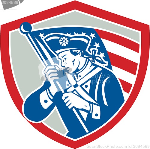 Image of American Patriot Soldier Waving Flag Shield