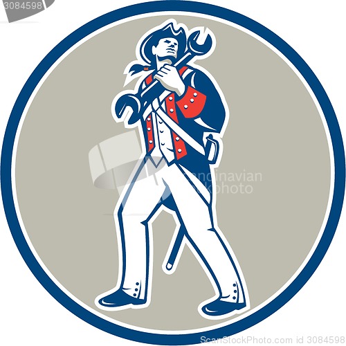 Image of American Patriot Holding Wrench Marching Retro