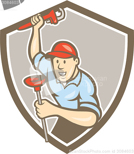 Image of Plumber Wrench Plunger Front Shield Cartoon