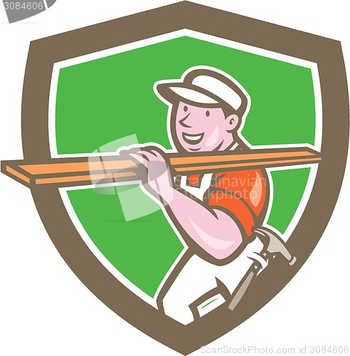 Image of Builder Carpenter Carrying Timber Shield Cartoon