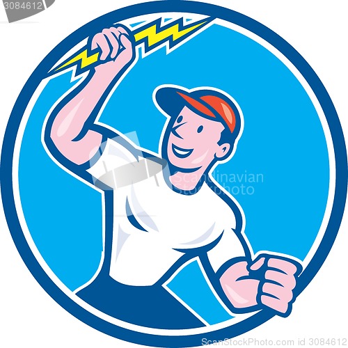 Image of Electrician Holding Lightning Bolt Circle Cartoon