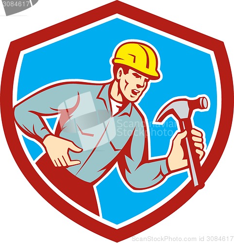 Image of Builder Carpenter Shouting Hammer Shield Retro