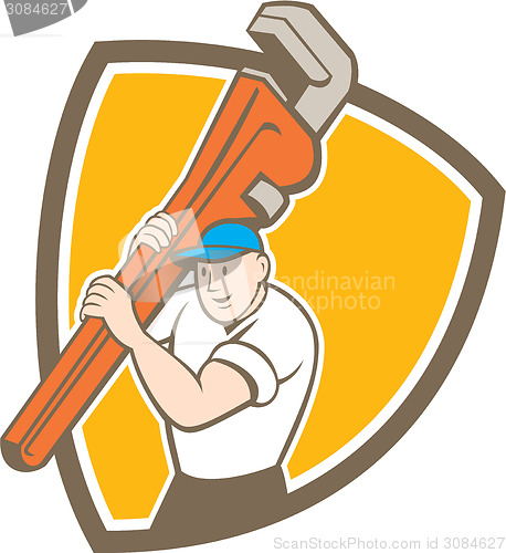 Image of Plumber Carrying Monkey Wrench Shield Cartoon