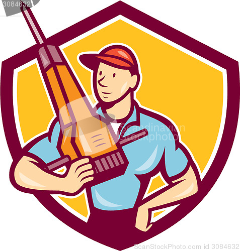 Image of Construction Worker Jackhammer Shield Cartoon