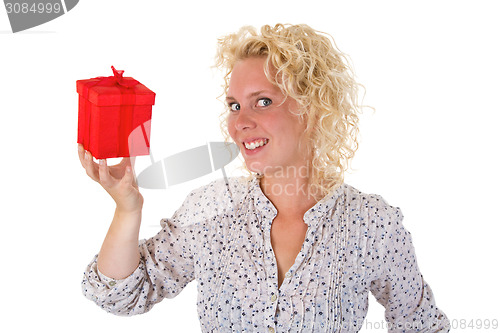 Image of Young woman showing a gift