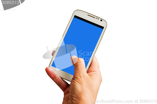 Image of Hand holding white smartphone