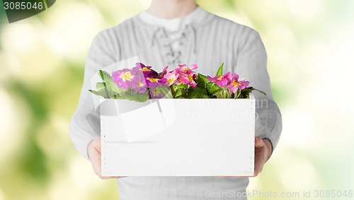 Image of close up of man holding big pot with flowers