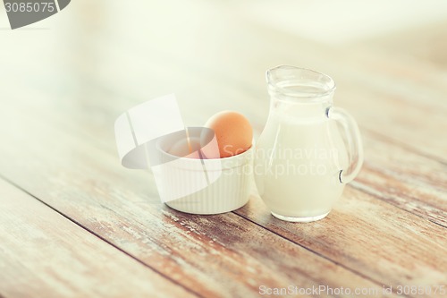 Image of close up of jugful of milk and eggs in a bowl