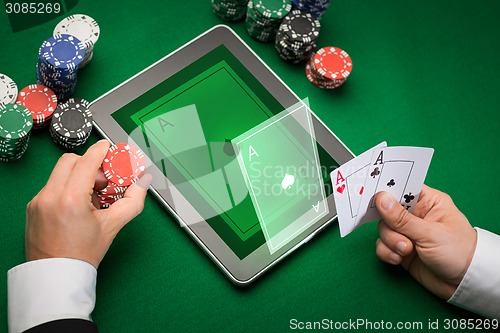 Image of casino poker player with cards, tablet and chips