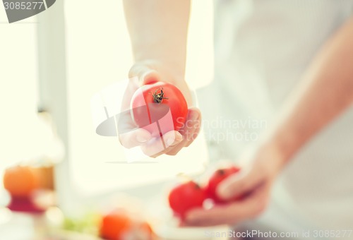 Image of close up of male hands holding tomatoes