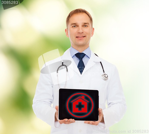 Image of smiling male doctor with stethoscope and tablet pc