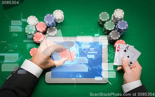 Image of casino poker player with cards, tablet and chips