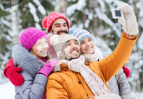 Image of smiling friends with camera in winter forest