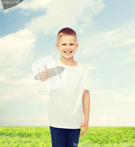 Image of smiling little boy in white blank t-shirt