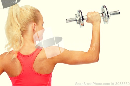 Image of sporty woman with heavy steel dumbbell from back