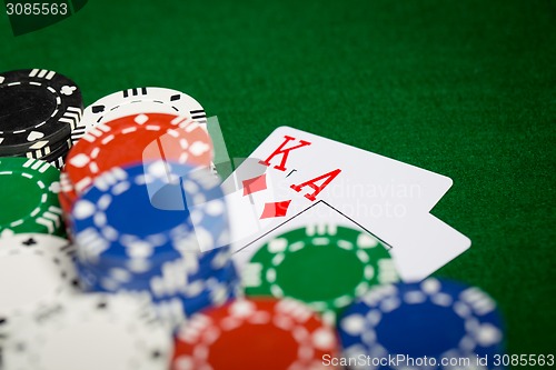 Image of close up of casino chips and playing cards