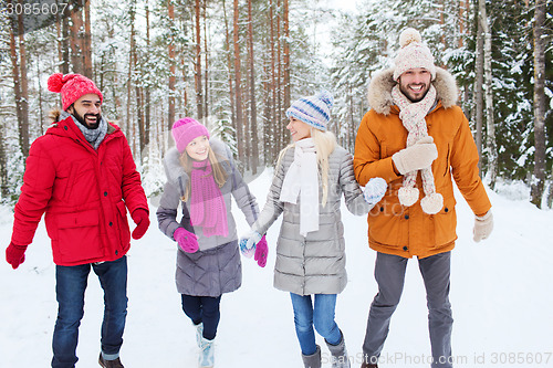 Image of group of smiling men and women in winter forest