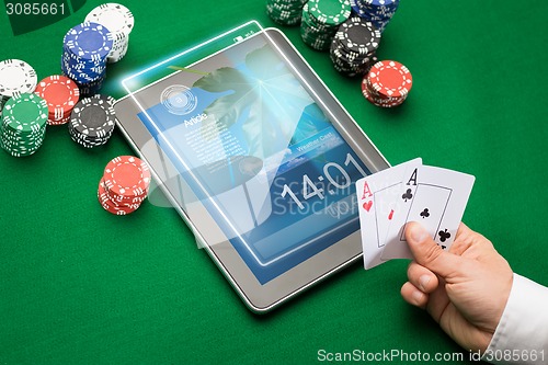 Image of casino poker player with cards, tablet and chips