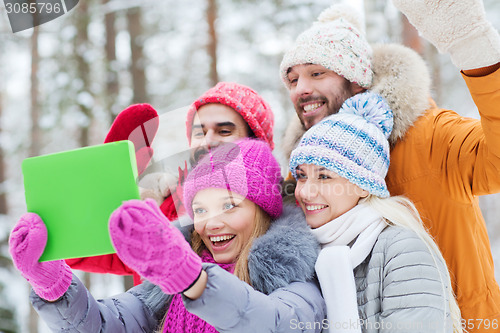 Image of smiling friends with tablet pc in winter forest