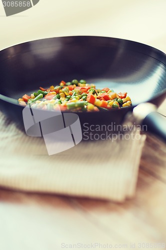 Image of close up of wok pan with vegetables