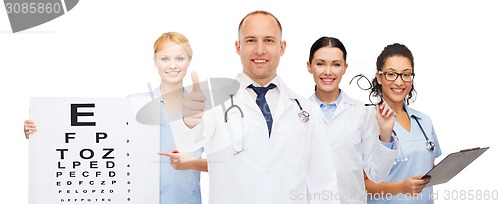 Image of group of smiling doctors with eye chart