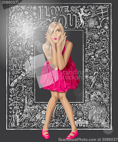 Image of Blonde In Pink Dress Against Love Background