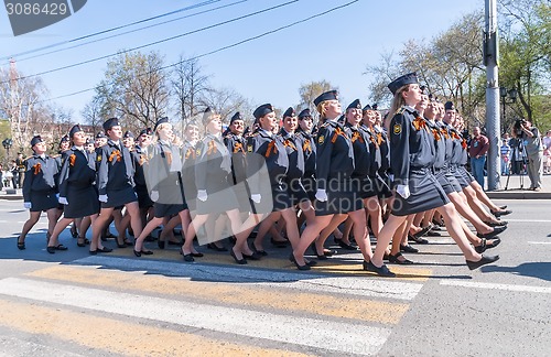 Image of Women-cadets of police academy marching on parade
