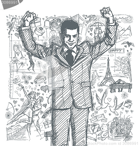 Image of Sketch Businessman With Hands Up Against Love Story Background 0