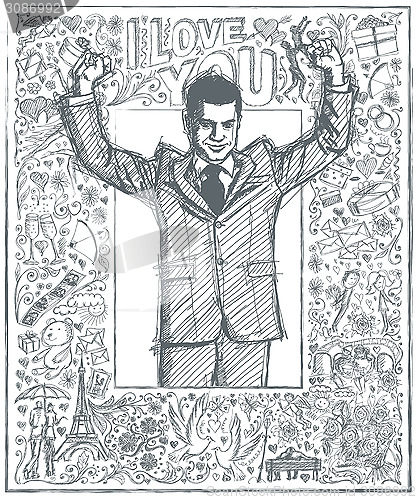 Image of Sketch Businessman With Hands Up Against Love Story Background 0