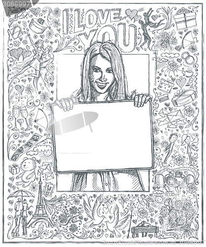 Image of Sketch Happy Woman Holding Blank White Card Against Love Story B