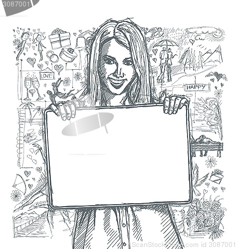 Image of Sketch Happy Woman Holding Blank White Card Against Love Story B