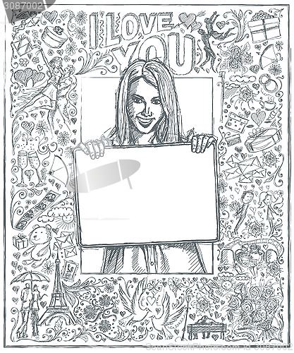 Image of Sketch Happy Woman Holding Blank White Card Against Love Story B