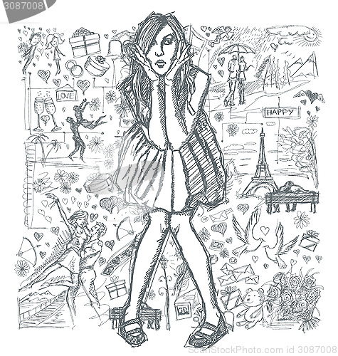 Image of Sketch Surprised Woman In Dress Against Love Story Background 03