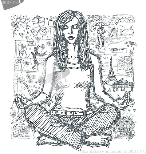 Image of Sketch Woman Meditation In Lotus Pose Against Love Story Backgro