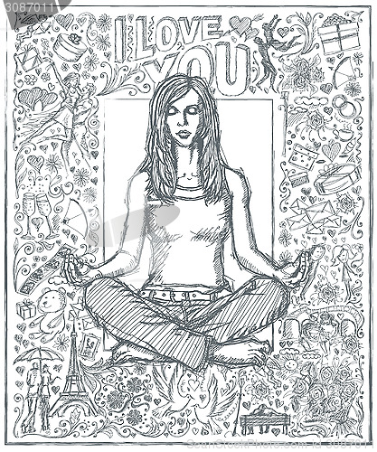 Image of Sketch Woman Meditation In Lotus Pose Against Love Story Backgro