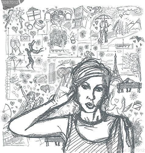 Image of Sketch Woman Overhearing Something Against Love Story Background