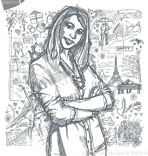 Image of Sketch Woman With Crossed Hands Against Love Story Background 03