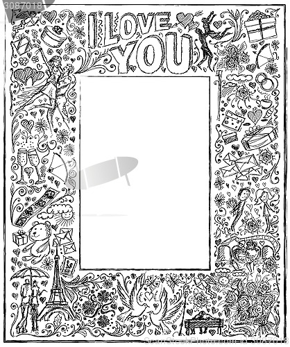 Image of Vector sketch frame background with love story elements