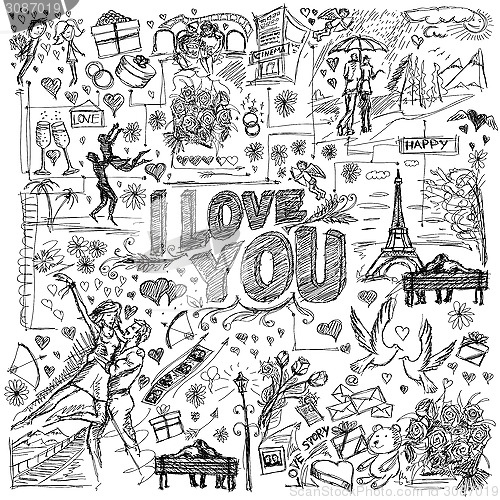 Image of Vector sketch frame background with love story elements