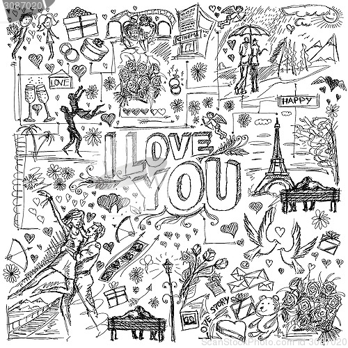 Image of Vector sketch frame background with love story elements