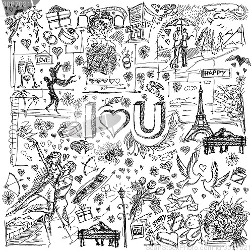 Image of Vector sketch frame background with love story elements