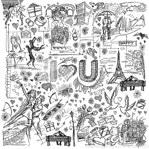 Image of Vector sketch frame background with love story elements