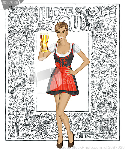 Image of Vector Cute Woman In Drindl With Beer Against Love Background