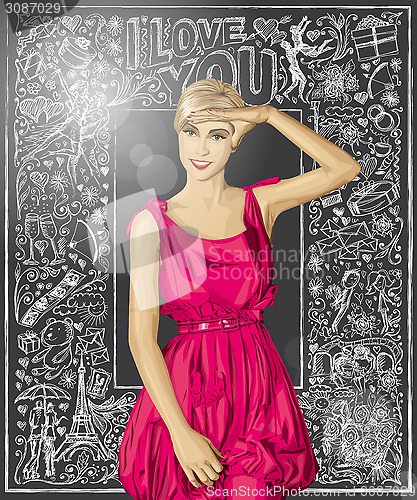 Image of Vector Surprised Blonde in Pink Dress Against Love Background