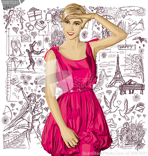 Image of Vector Surprised Blonde in Pink Dress Against Love Background