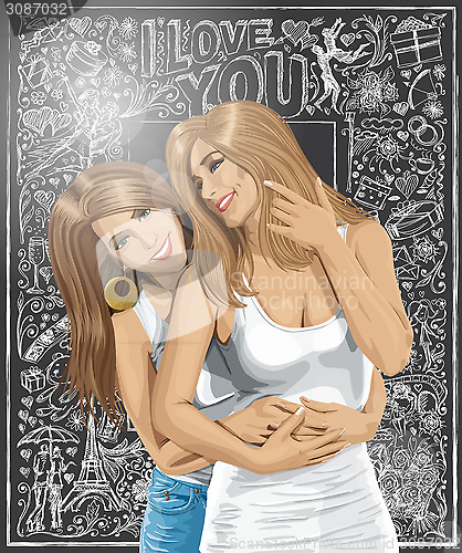 Image of Vector Women Gay Couple Against Love Background