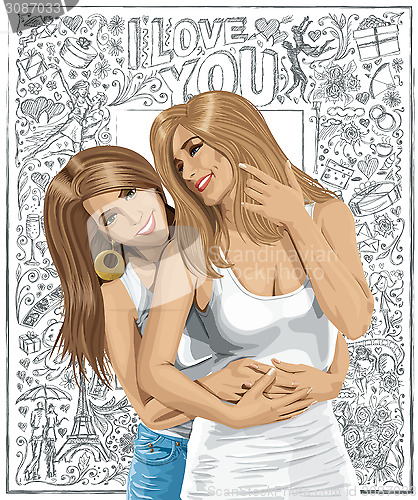 Image of Vector Women Gay Couple Against Love Background