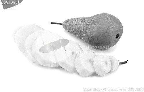 Image of Two Conference pears - whole, peeled and sliced