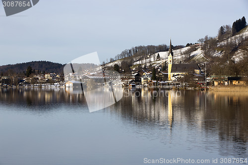Image of Bavarian lake Schliersee with blue sky in winter