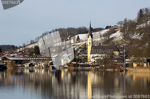 Image of Bavarian lake Schliersee with with blue sky in winter